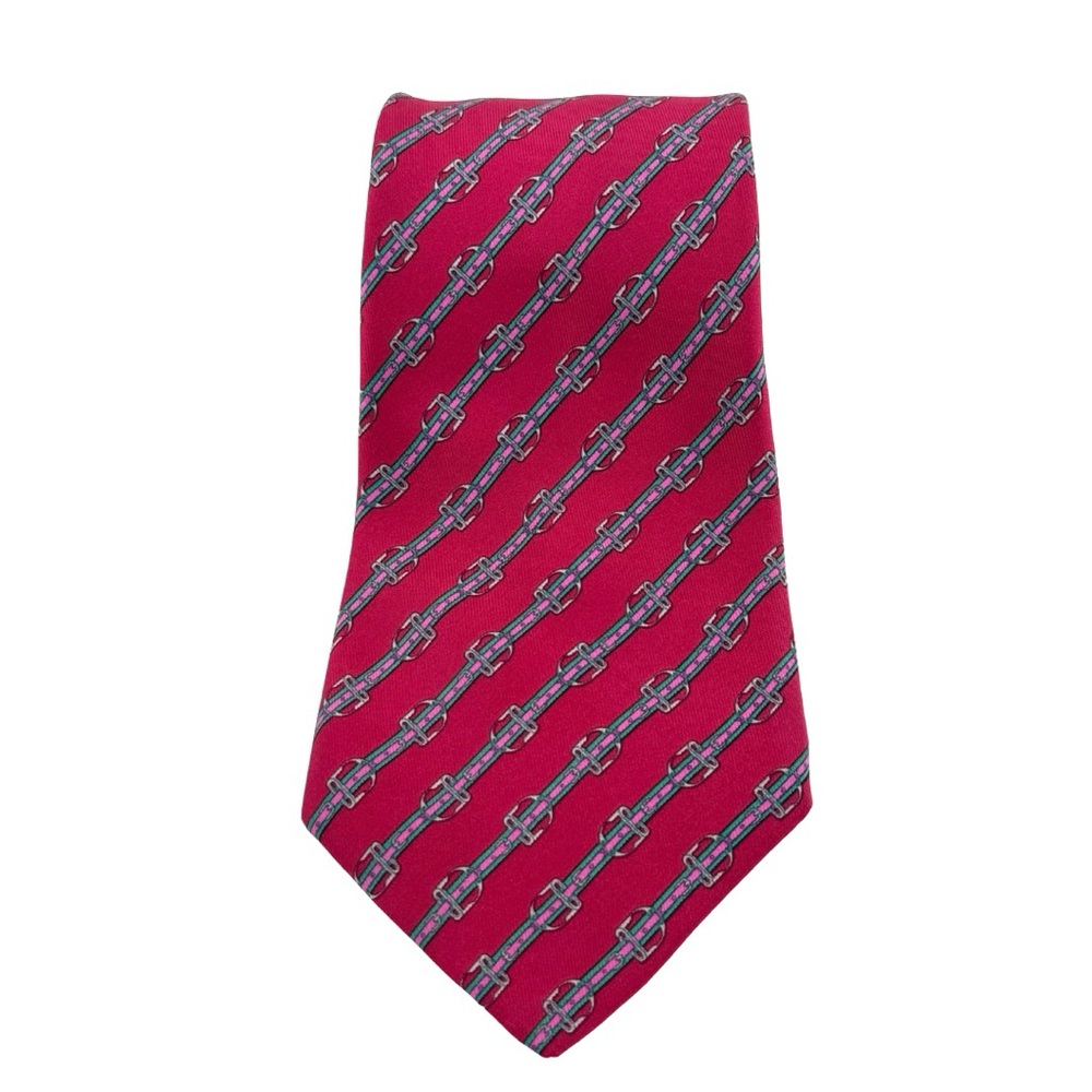 Hermes 100% Silk Mens Neck Tie Red Diagonal Belt Print Pattern 812 Luxury France - Picture 2 of 5